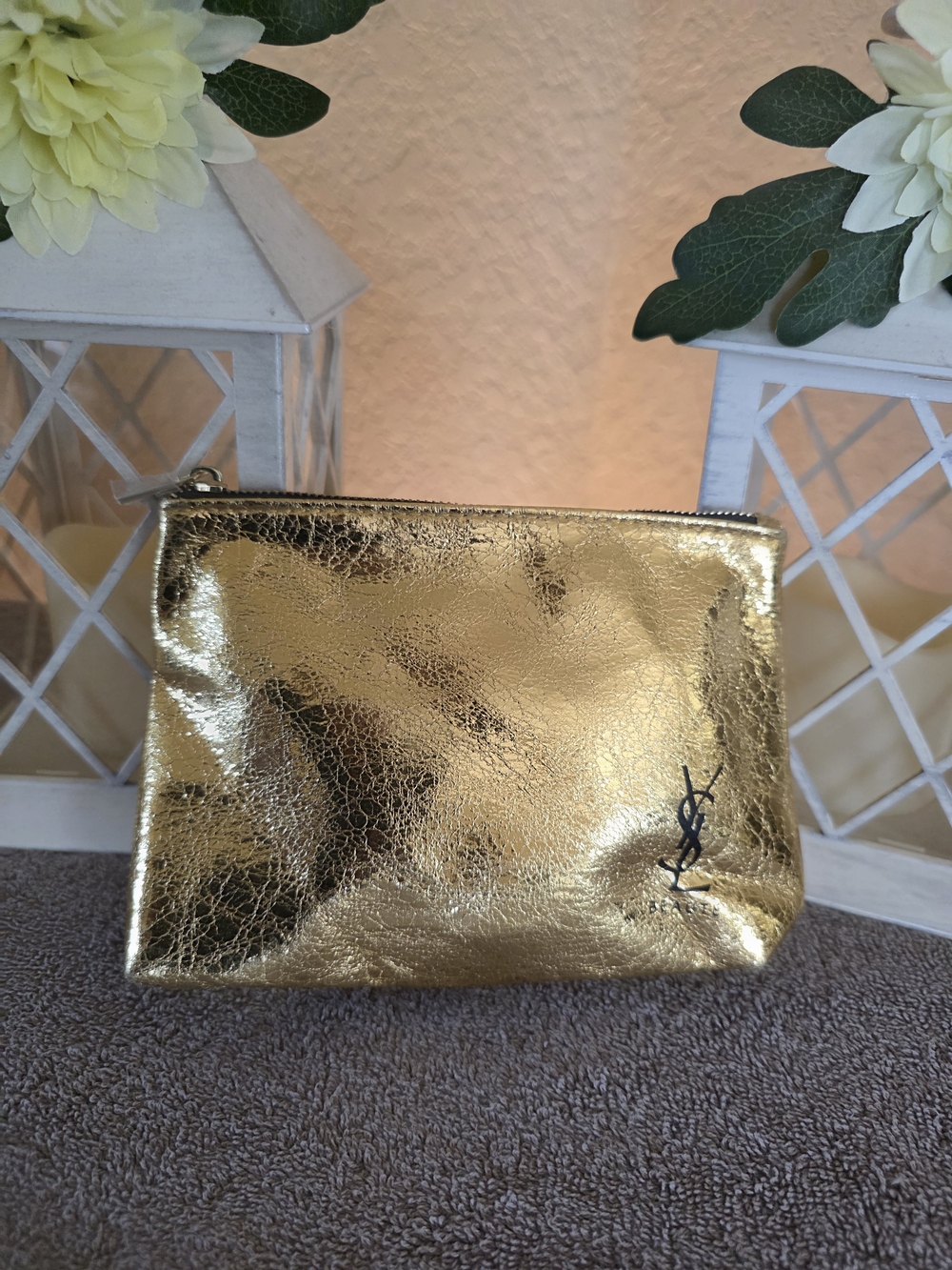 Saint Laurent Metallic Gold Cosmetic Pouch with YSL Beaute Logo